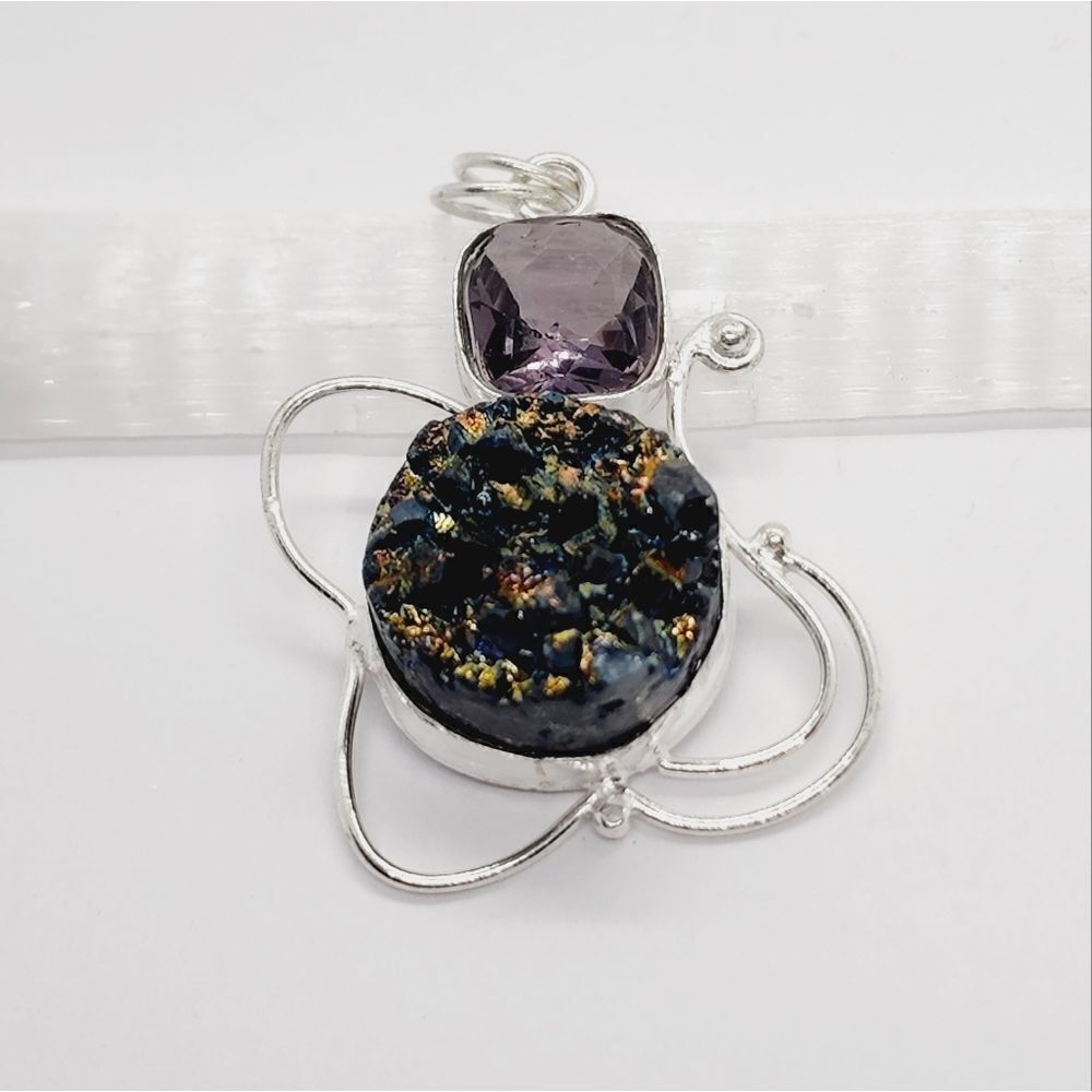 Titanium Druzy Gemstone Handmade 925 Sterling Silver Plated Jewelry Pendant 2.1"